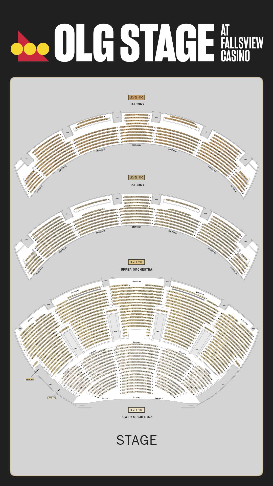Seating chart of OLG Stage at Fallsview Casino theatre